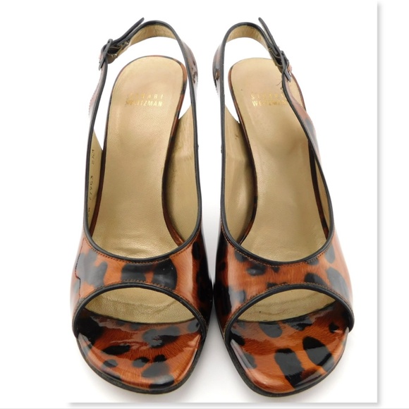 STUART WEITZMAN Leopard Patent Leather Open Toe Sling Heel Sandal Pumps 8.5 - Picture 3 of 8